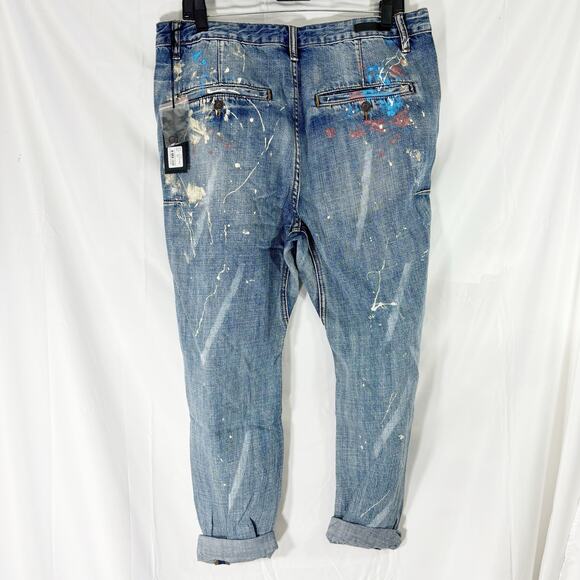 NWT One Teaspoon Mr Browns Distressed Jeans34R Blue Suede Paint Splatter - Picture 2 of 6